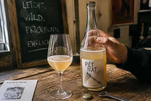 Pét-Nat Flasche und Glas auf Holztisch, im Hintergrund Tafel mit den Worten Leicht. Wild. Prickelnd. Ehrlich.